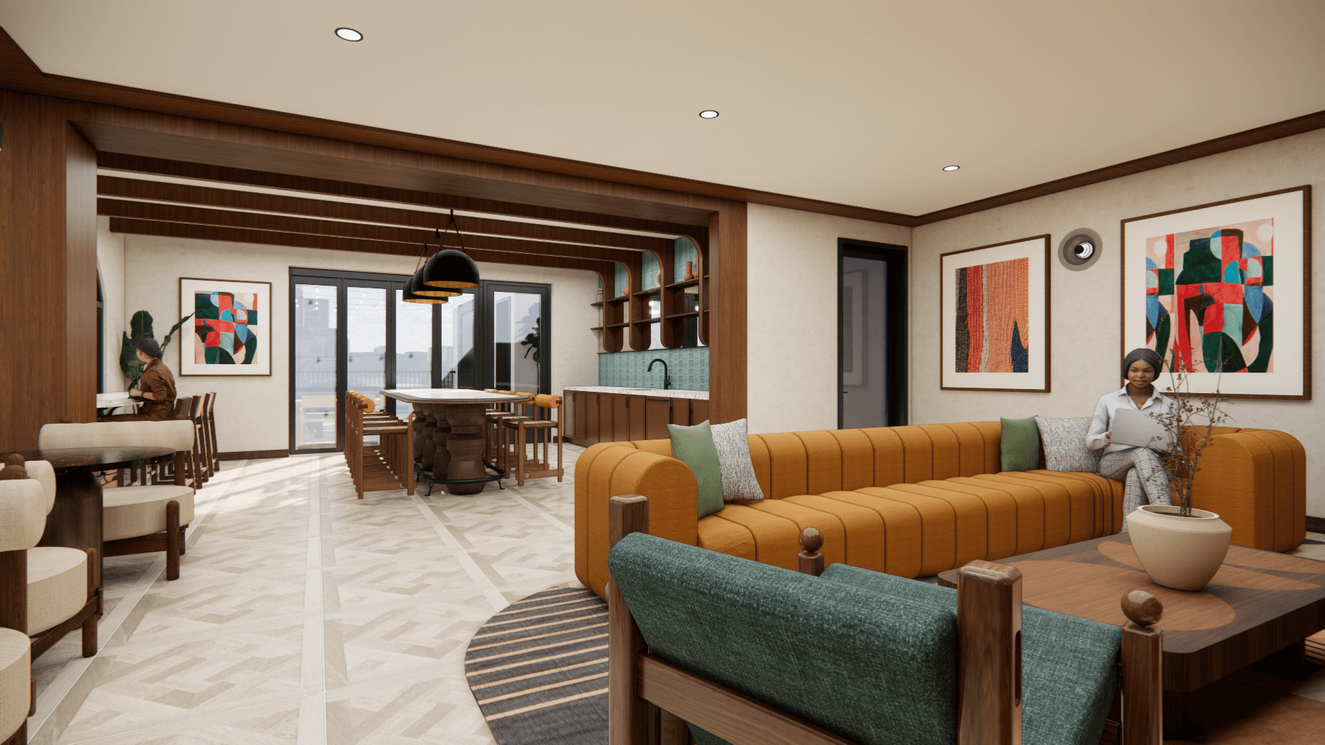 Rendering of a lounge with a green sofa, wood beams, and a kitchen beyond