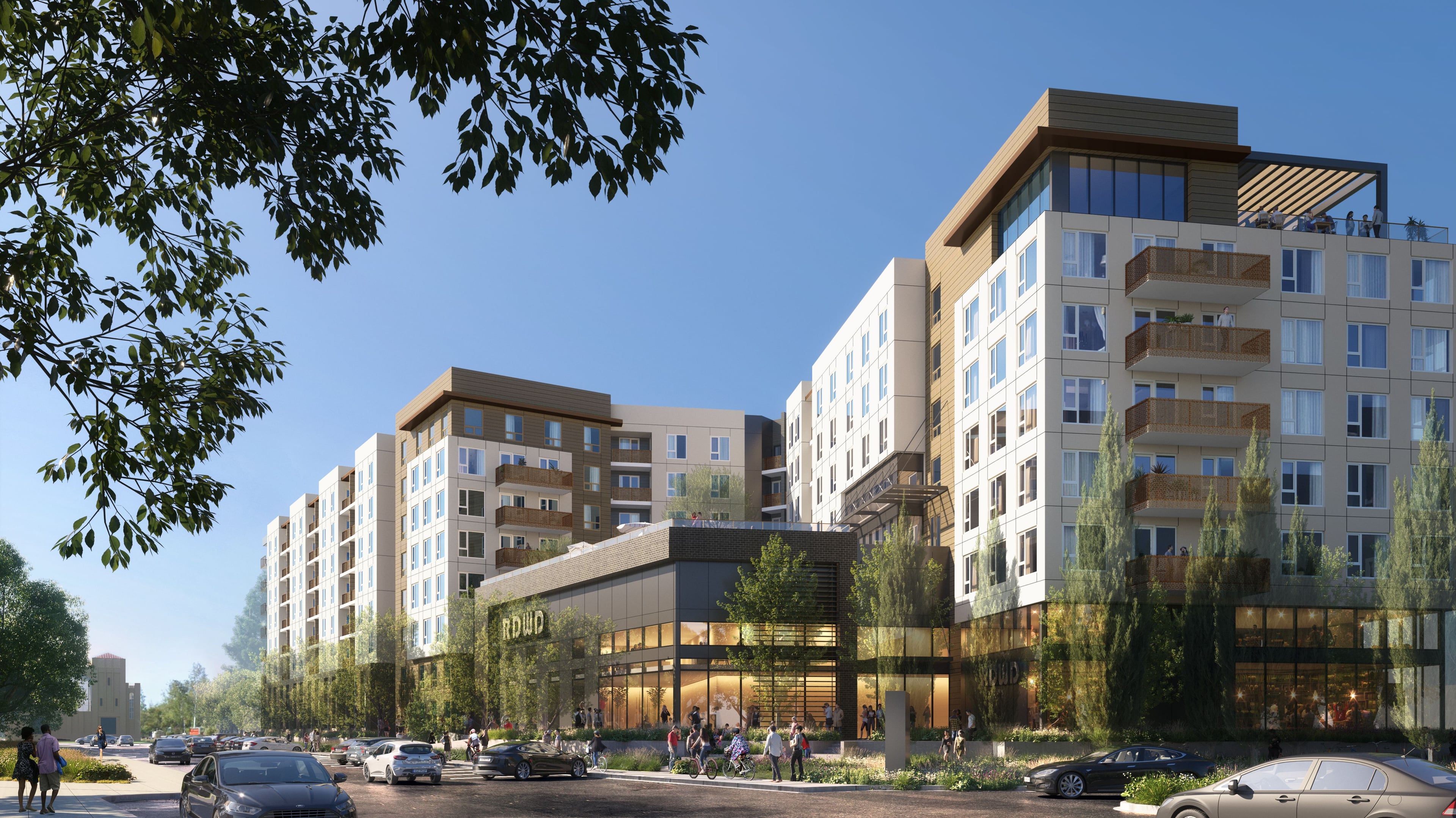 Rendering of Mariner Square, an eight-story apartment building with a lit ground floor and trees in front