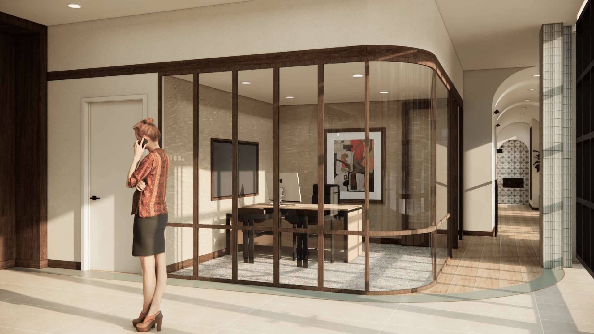 Rendering of a glass-walled office with a curved wood frame and a person at the door
