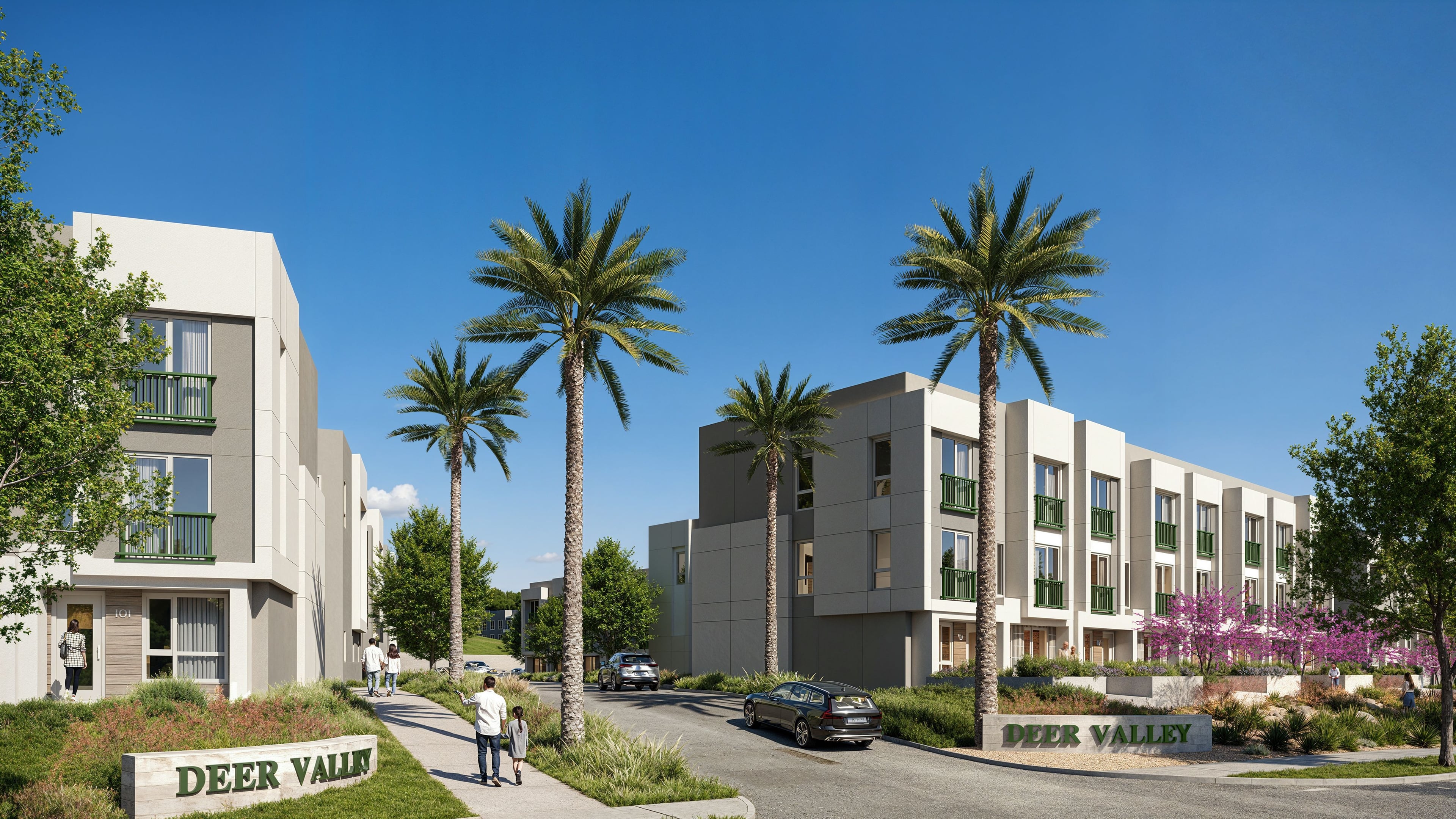 Rendering of the entry drive with palms, a Deer Valley sign, and low buildings