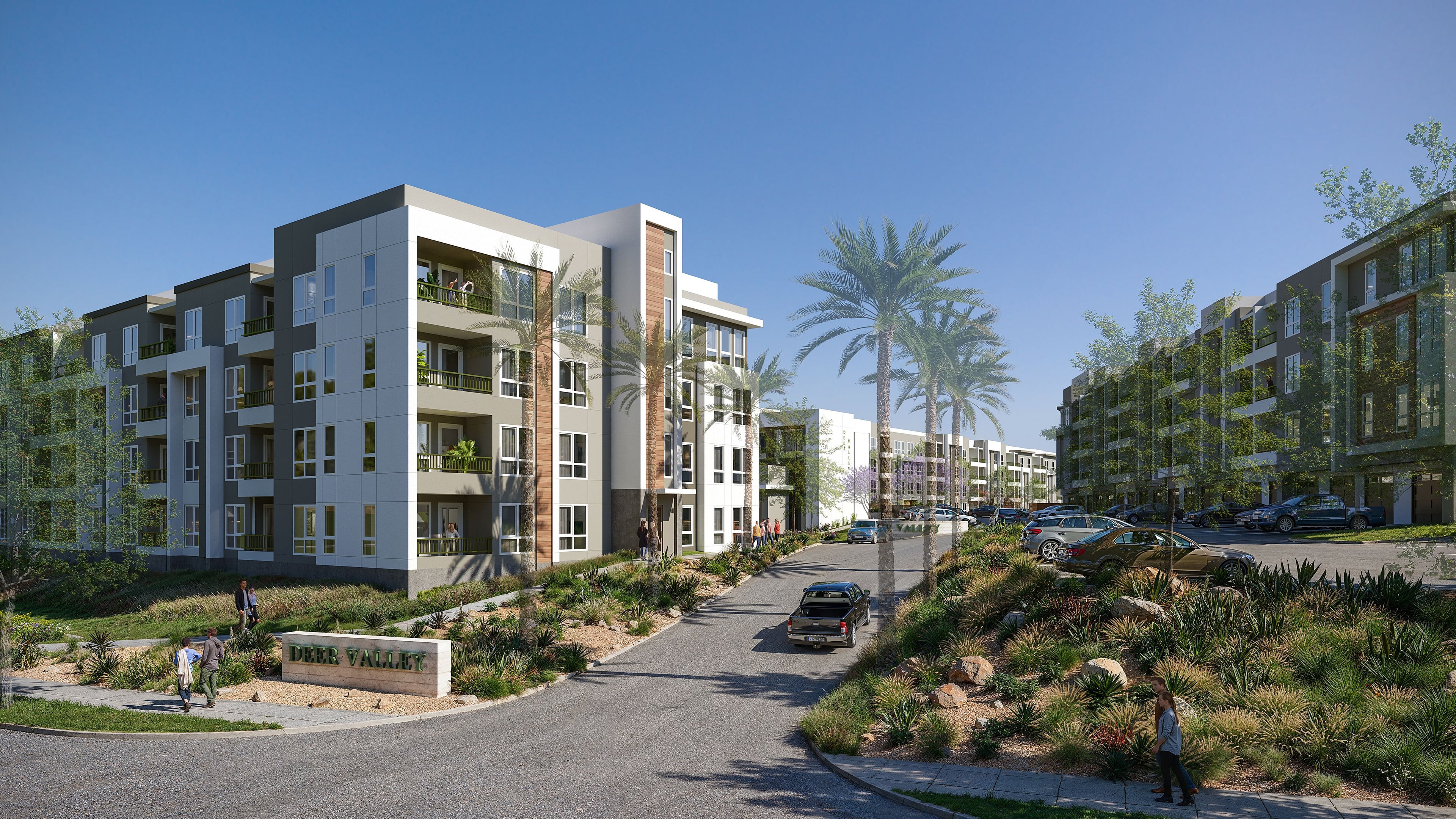 Rendering of a tree-lined street between apartment buildings with palms