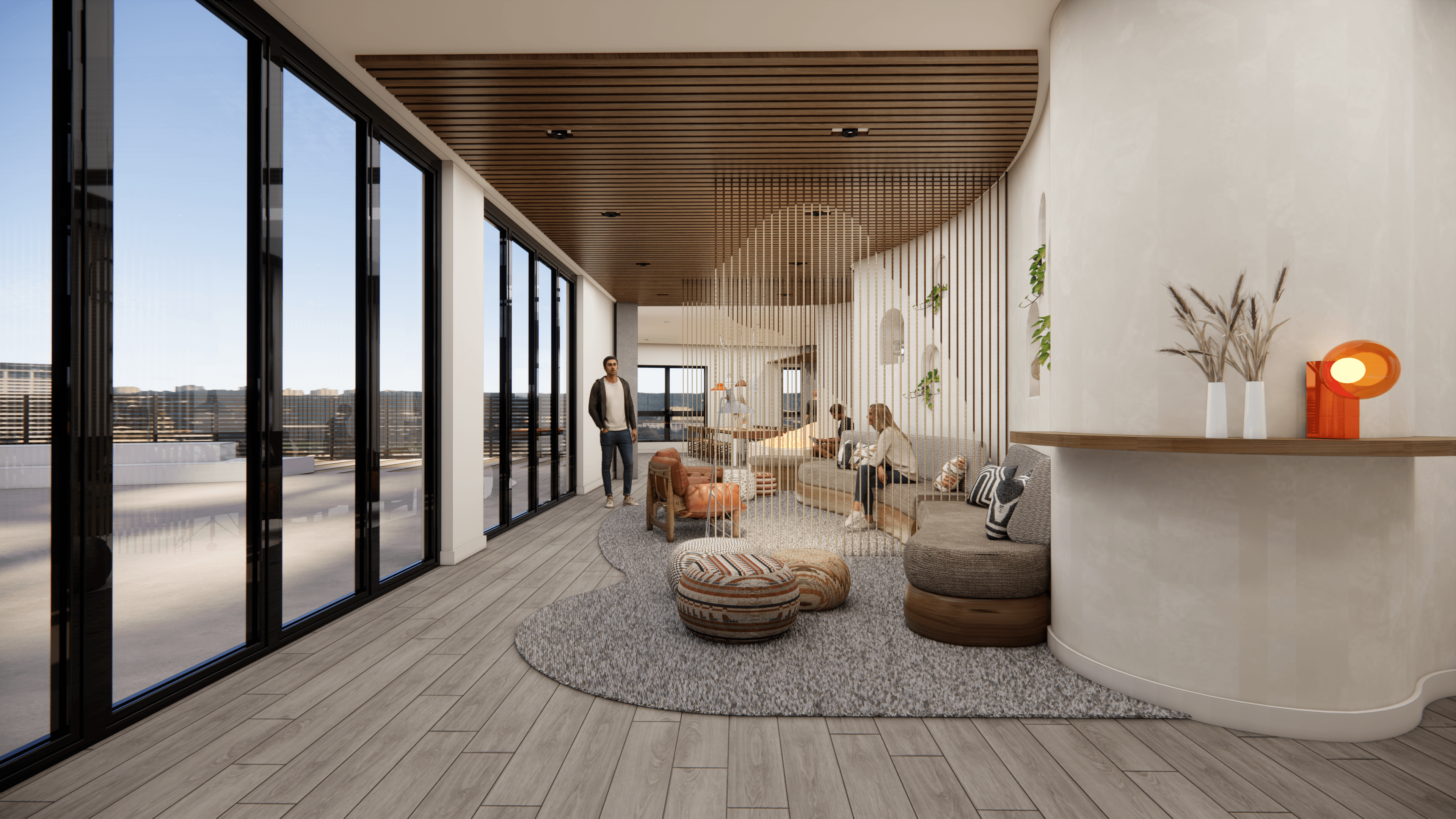 Rendering of a lounge with curved wood ceilings, floor cushions, and glass walls to a terrace
