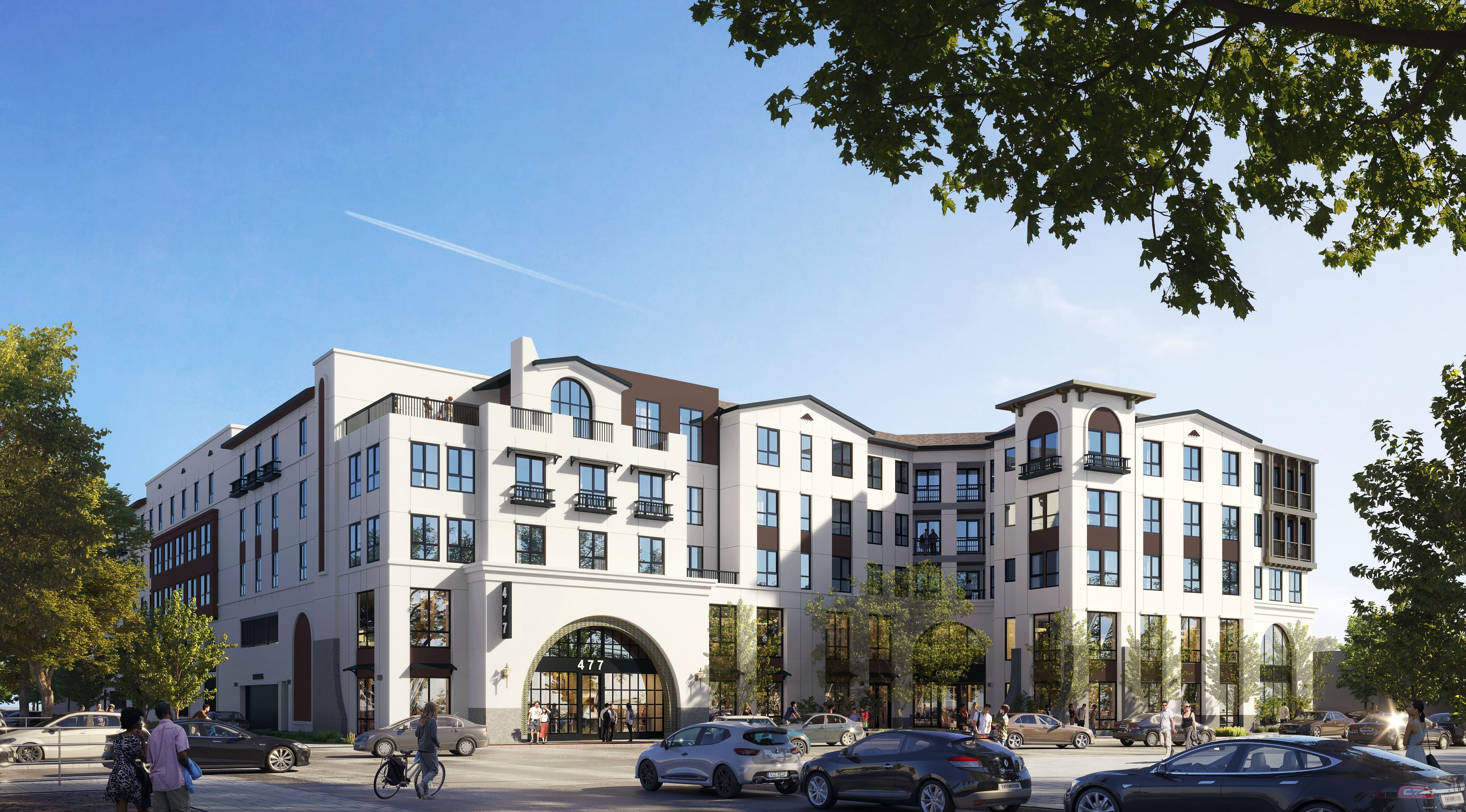 Rendering of Arbello, a five-story white building with arched openings and a tile roofline on a San Mateo street