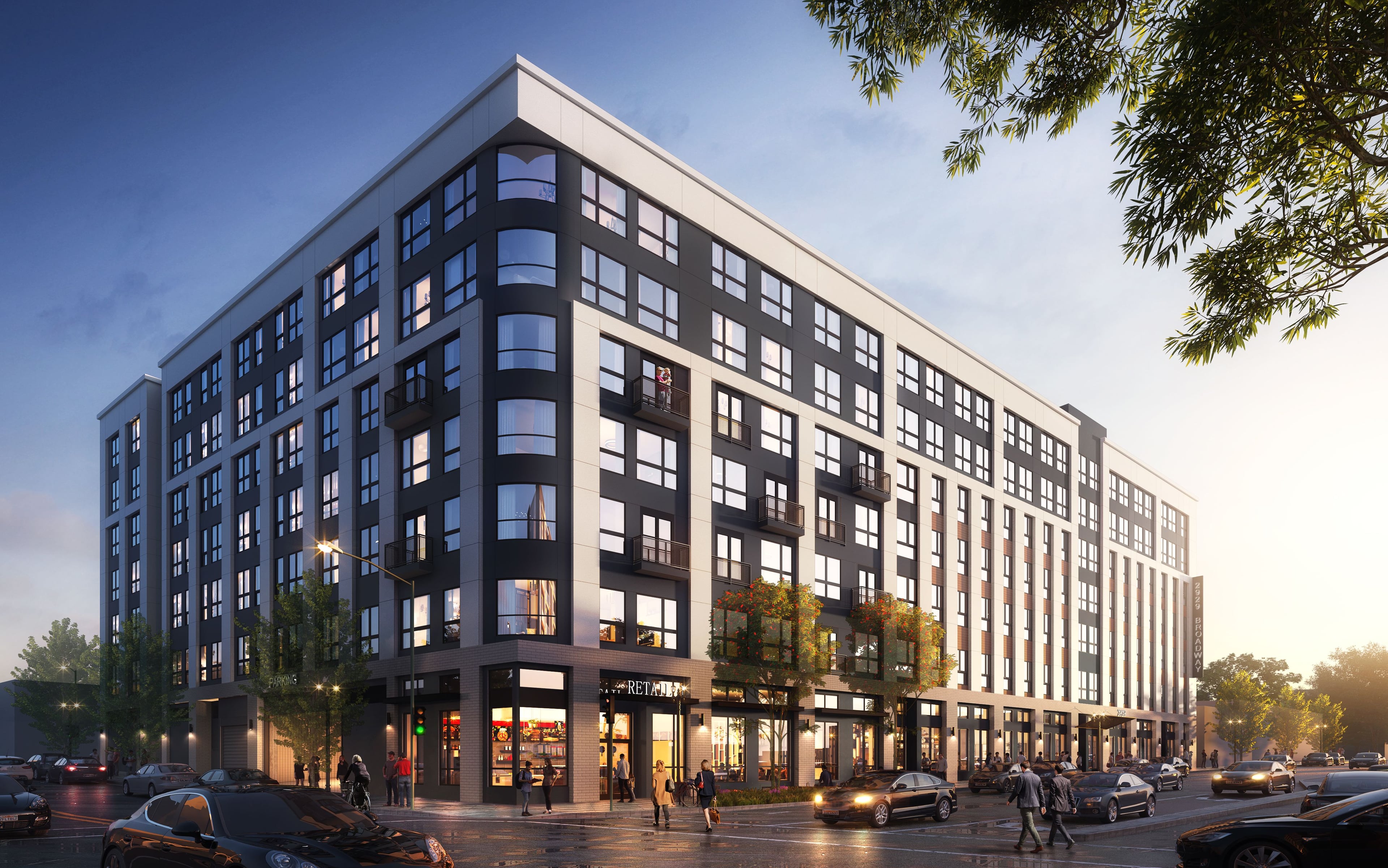Rendering of Ambrose, a seven-story dark-brick building with ground-floor retail at an Oakland corner at dusk