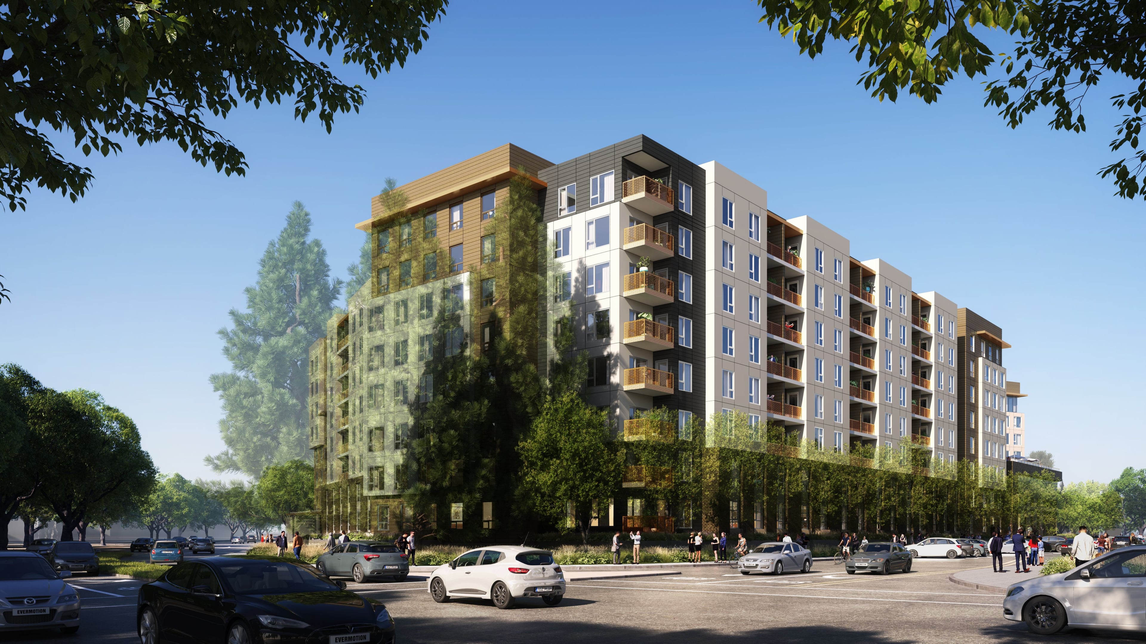 Rendering of the building’s corner with balconies and street trees