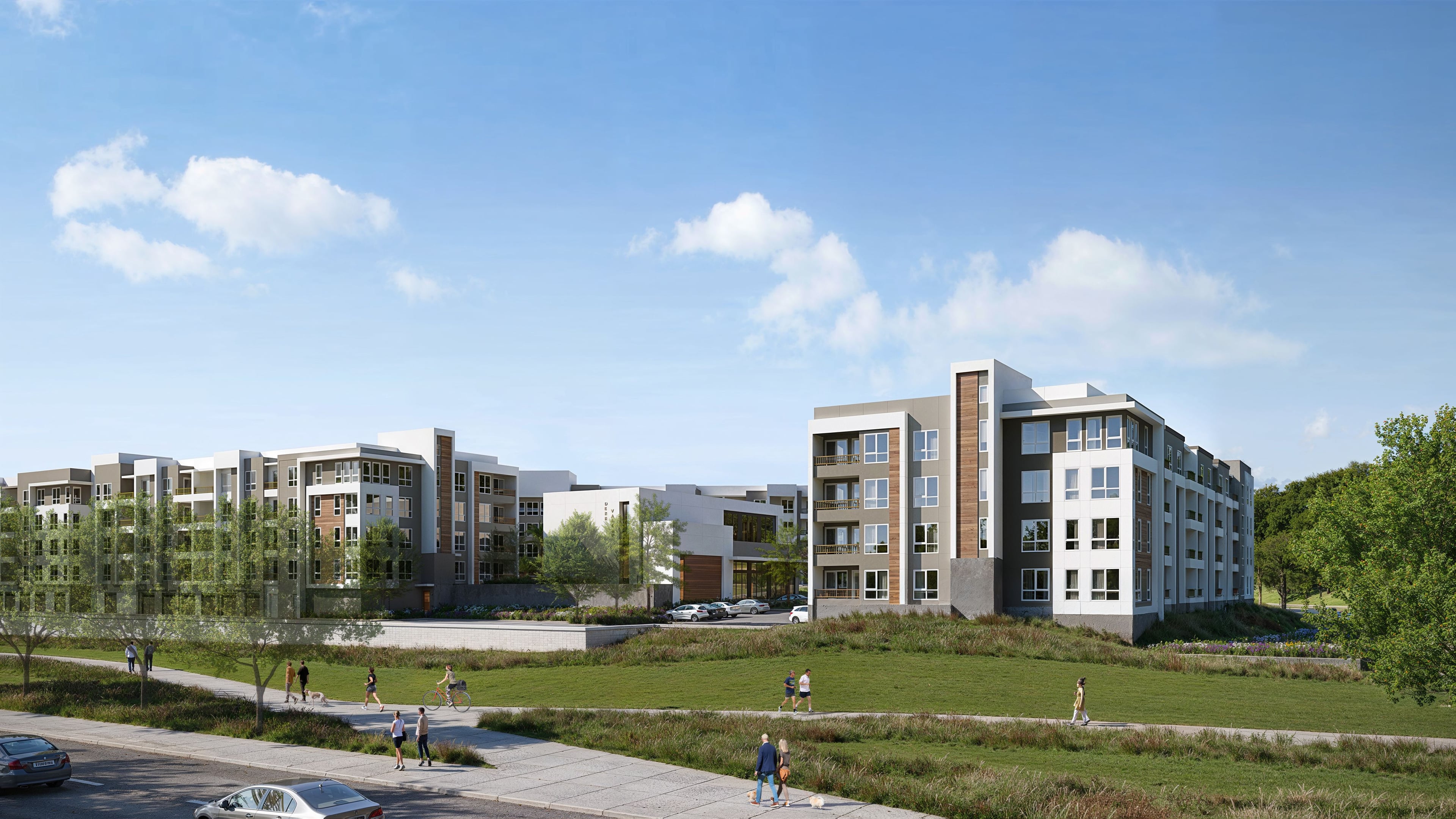 Rendering of four-story apartment buildings around a green with a path