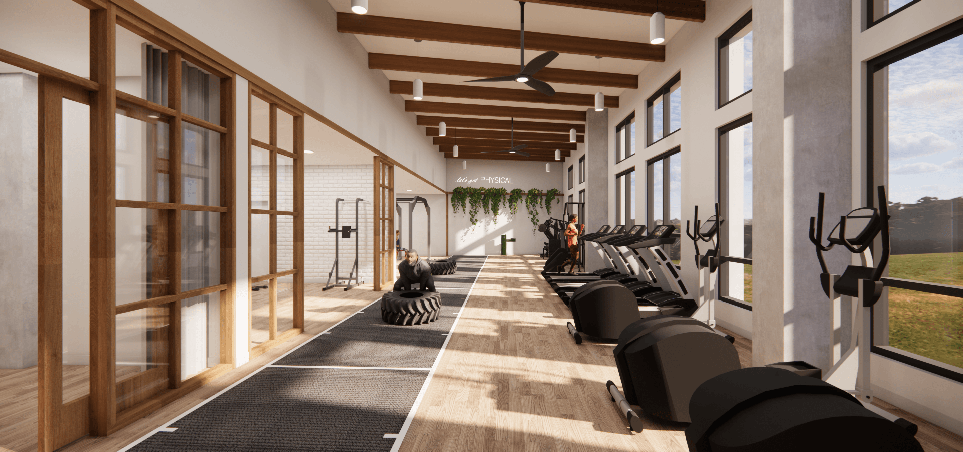 Rendering of a long fitness room with beams, treadmills, and window walls