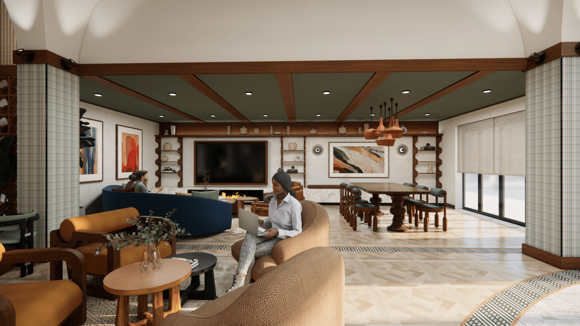 Rendering of a clubroom with a TV wall, sofas, and a dining table