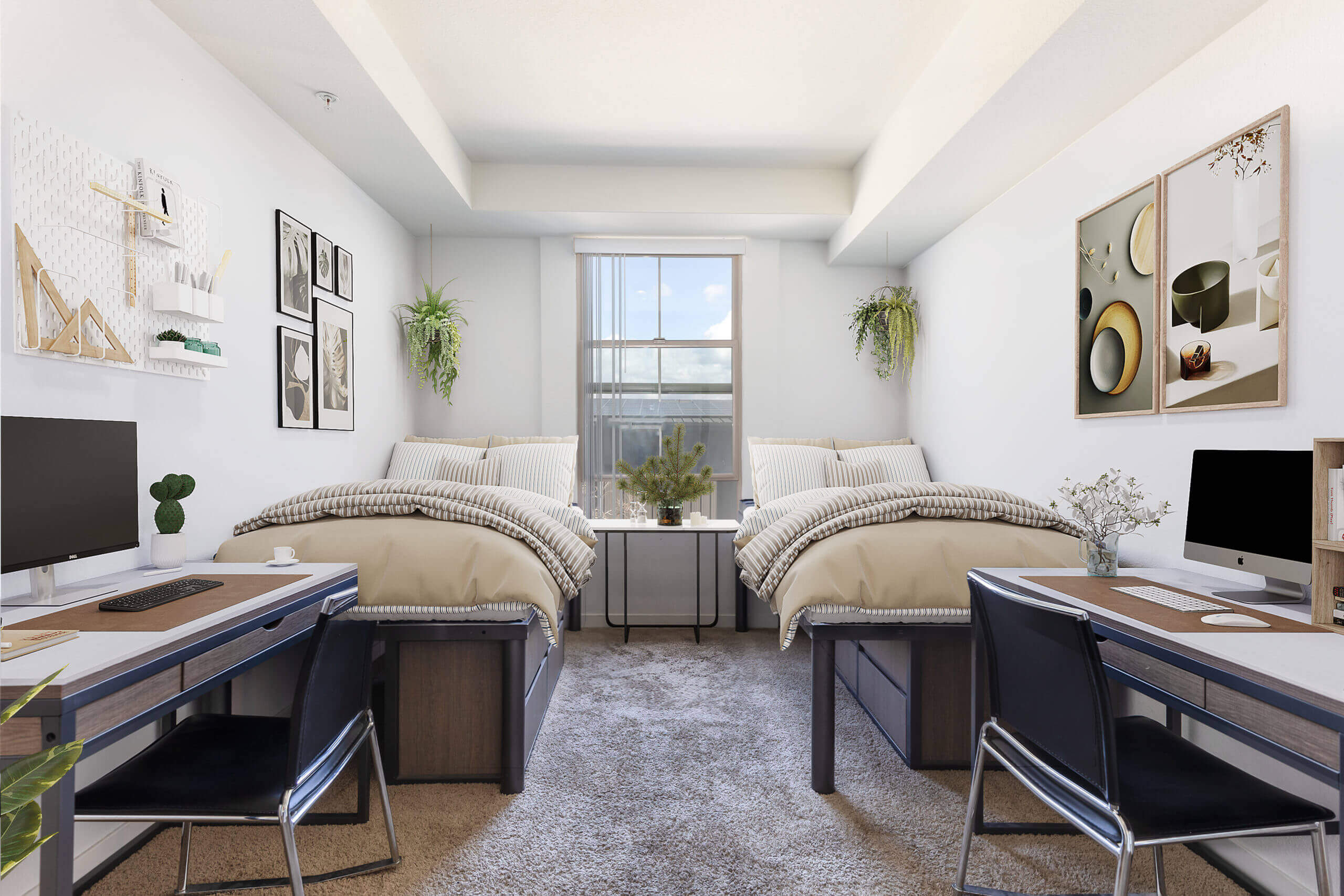 Shared bedroom with two beds, two desks, and a window