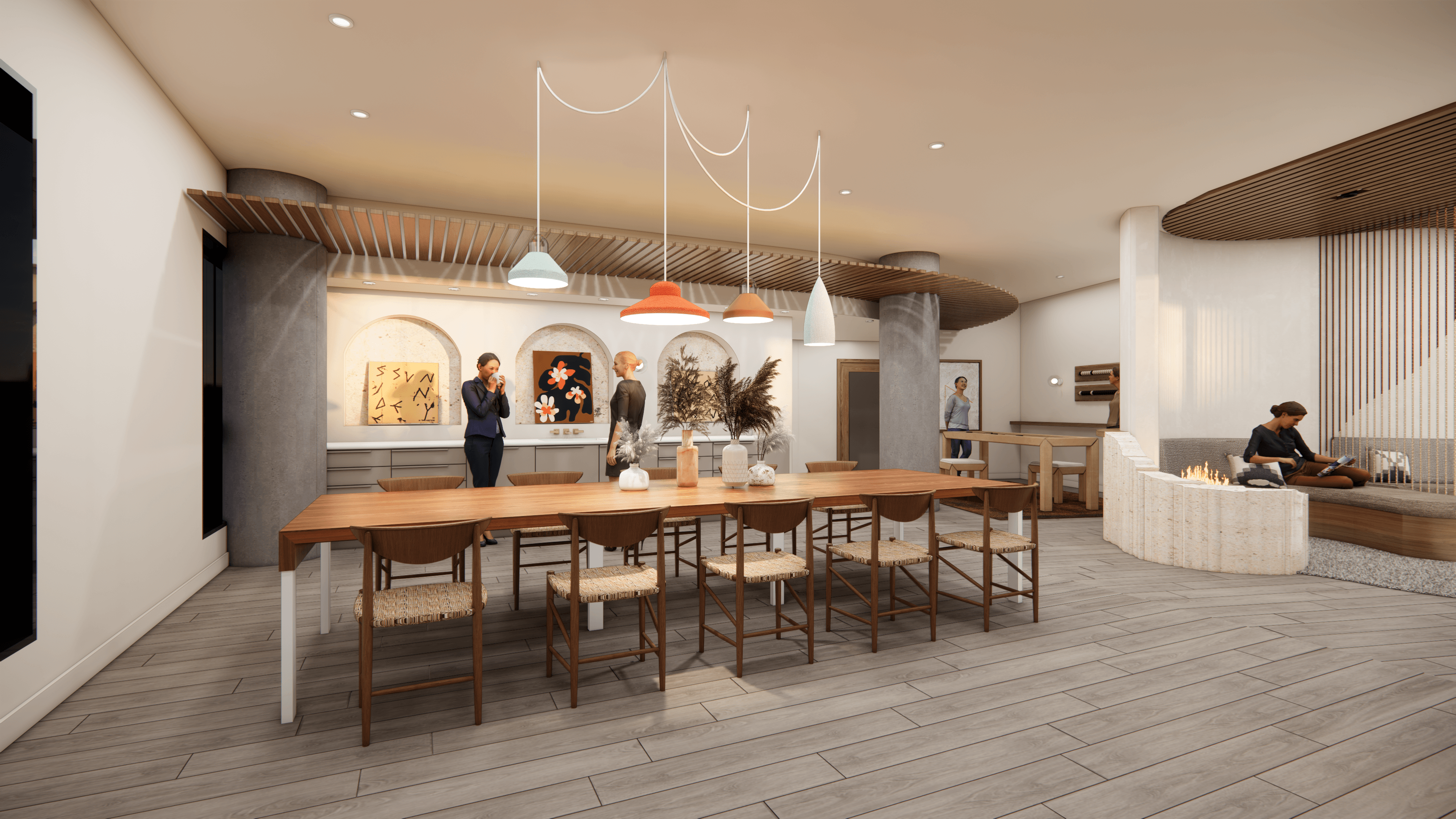 Rendering of a dining room with a long wood table, pendant lights, and a kitchen