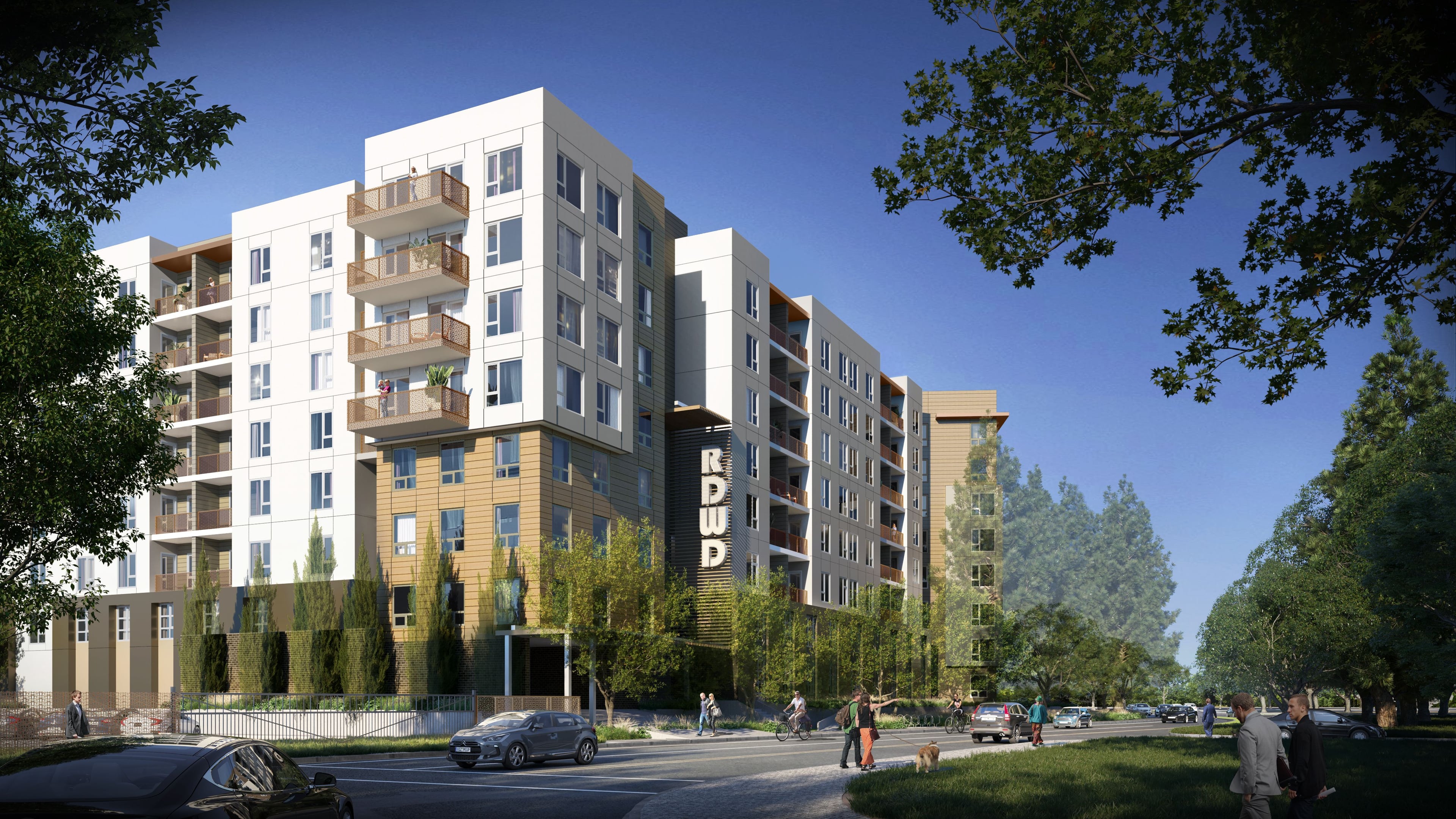 Rendering of the building from the street showing the podium and upper floors