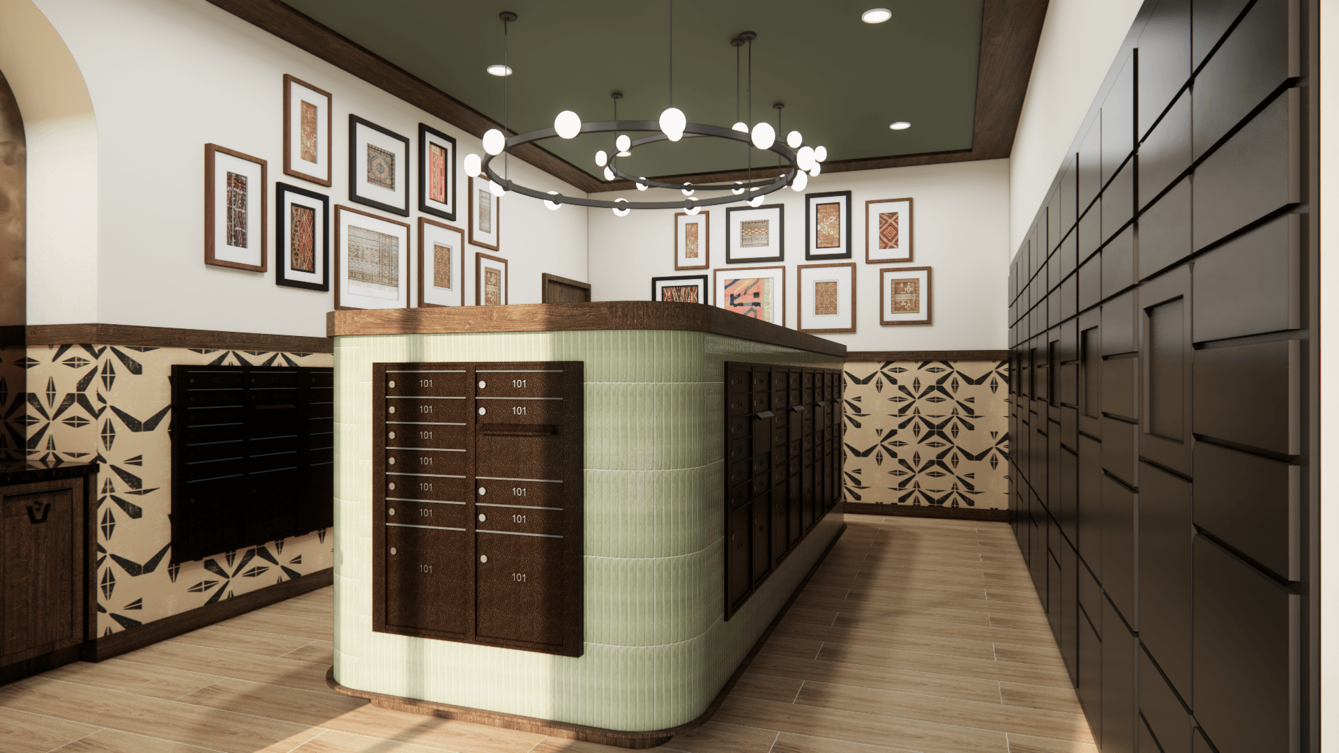 Rendering of a mailroom with green tile, brass mailboxes, and a gallery wall