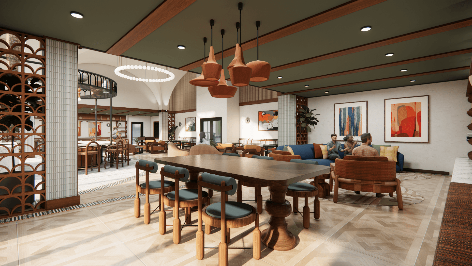 Rendering of a dining room with a long wood table, blue chairs, and pendant lights