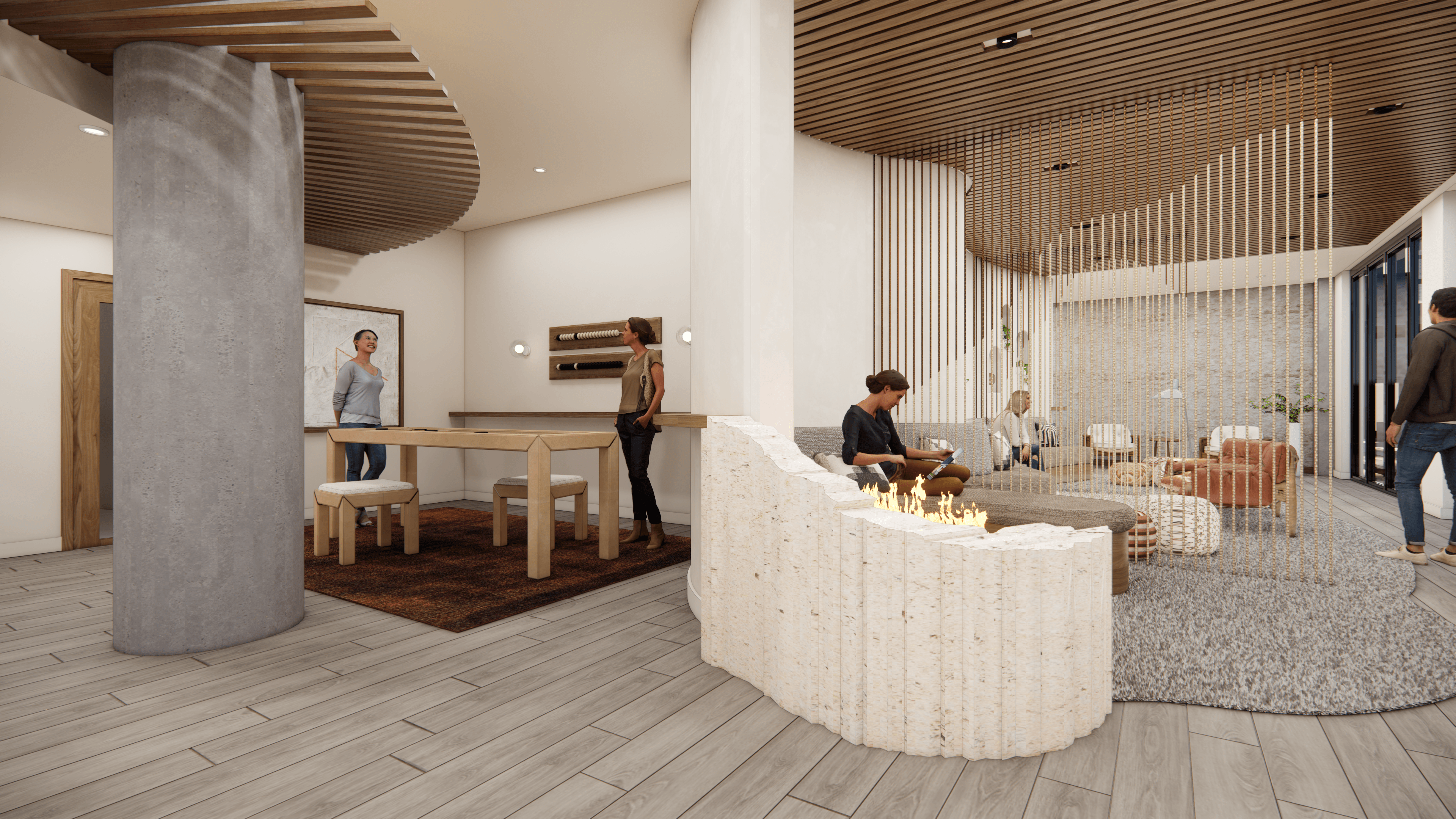 Rendering of a lobby with a curved reception desk and a fireplace lounge