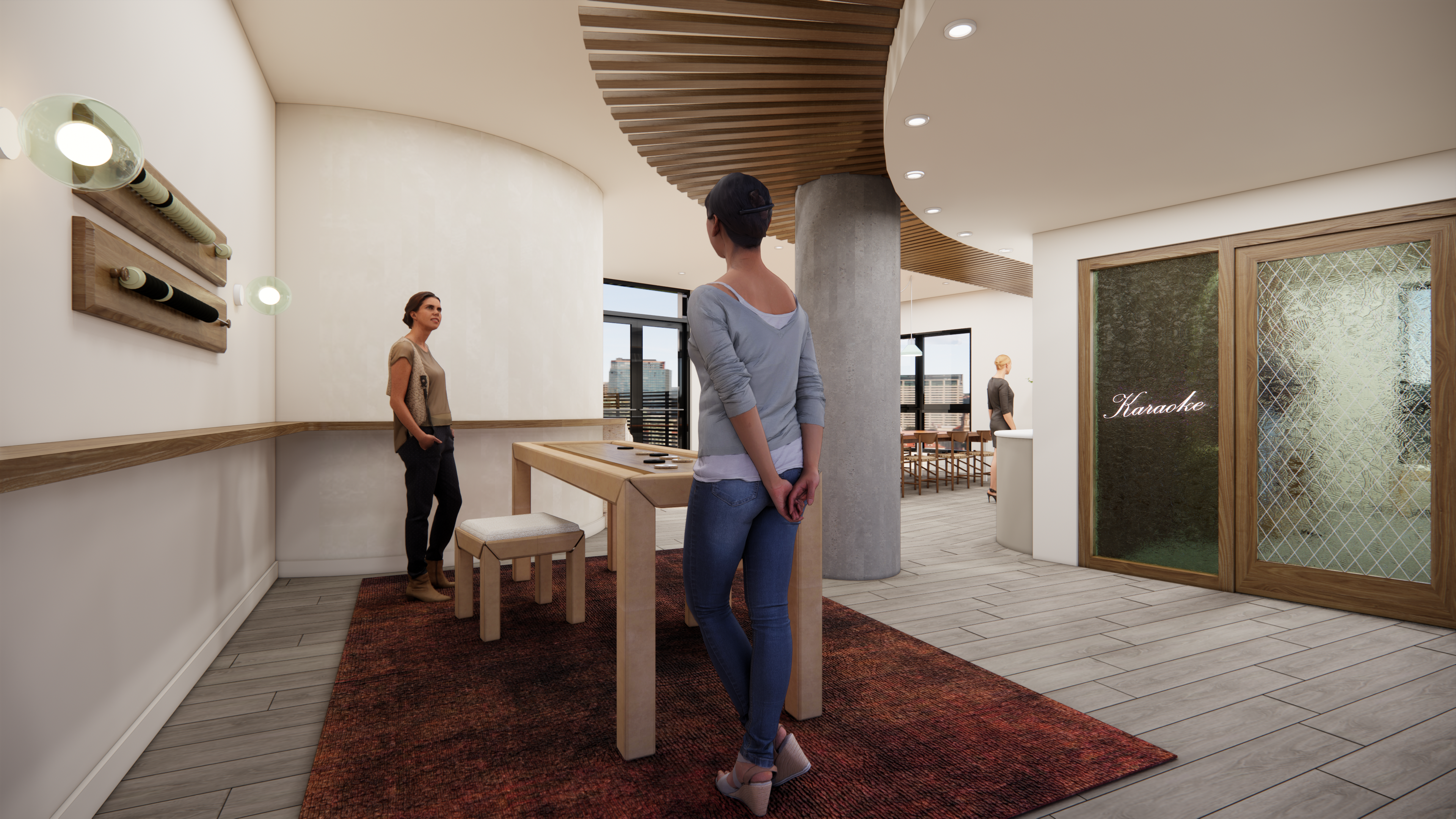 Rendering of an entry with a curved wood-clad column and a door marked Karaoke