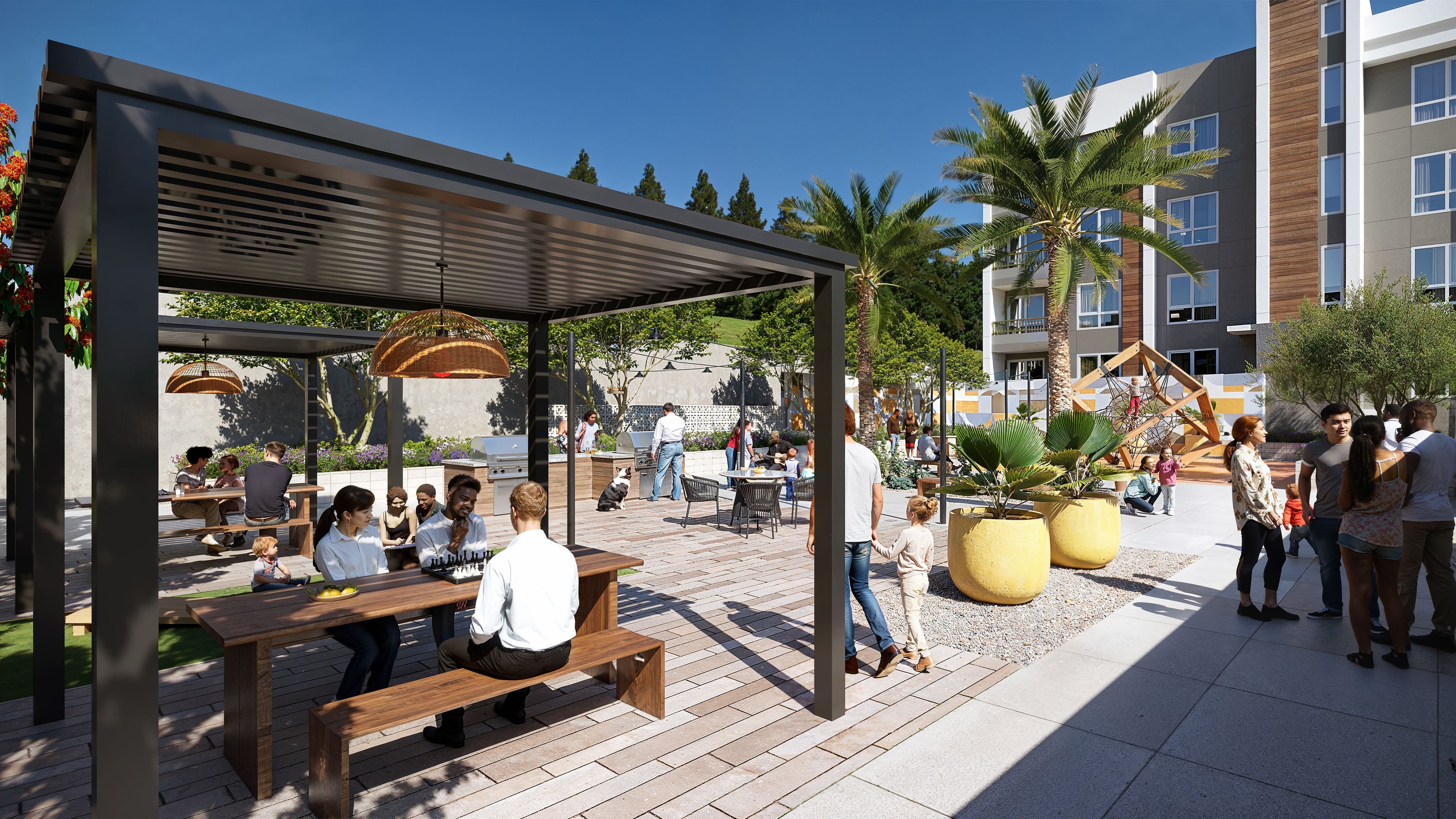 Rendering of a shaded outdoor dining area with a pergola and people at tables