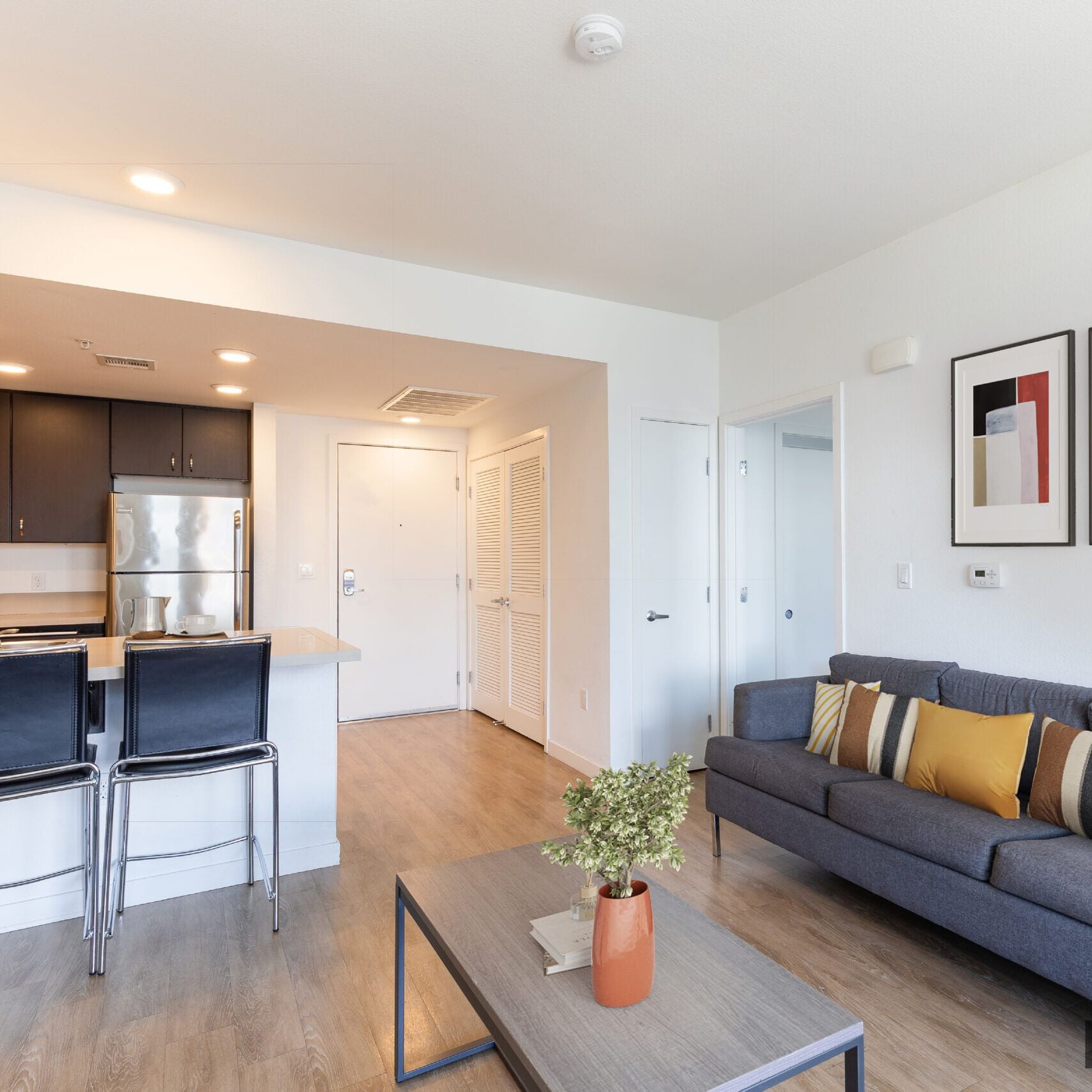 Living room with a grey sofa and an open kitchen with dark cabinets