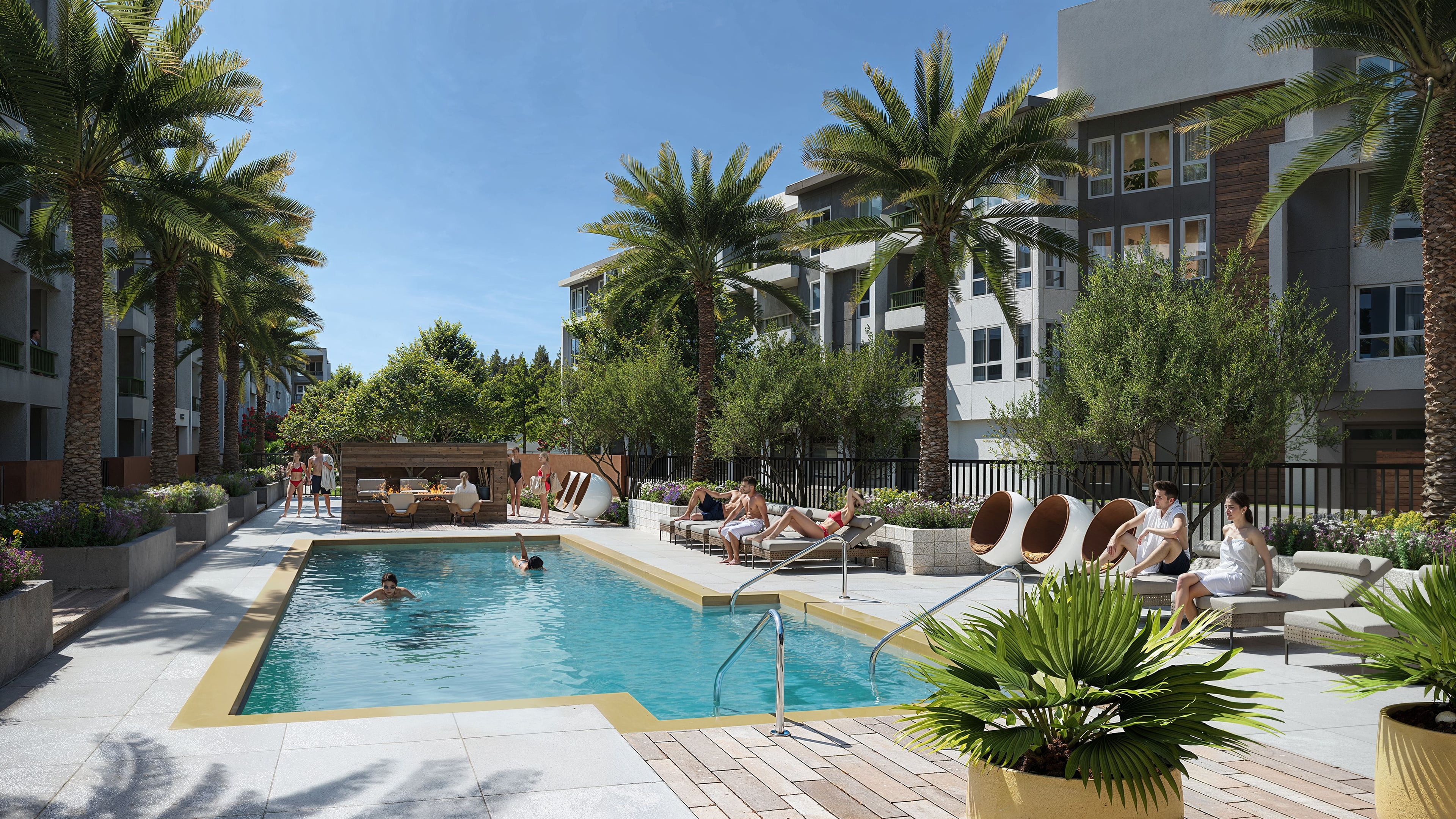 Rendering of a pool with lounge chairs and palms between apartment buildings